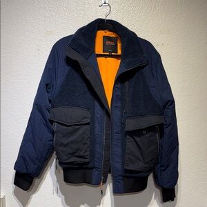Men's Navy and Black Bomber Jacket with Orange Lining Very Warm